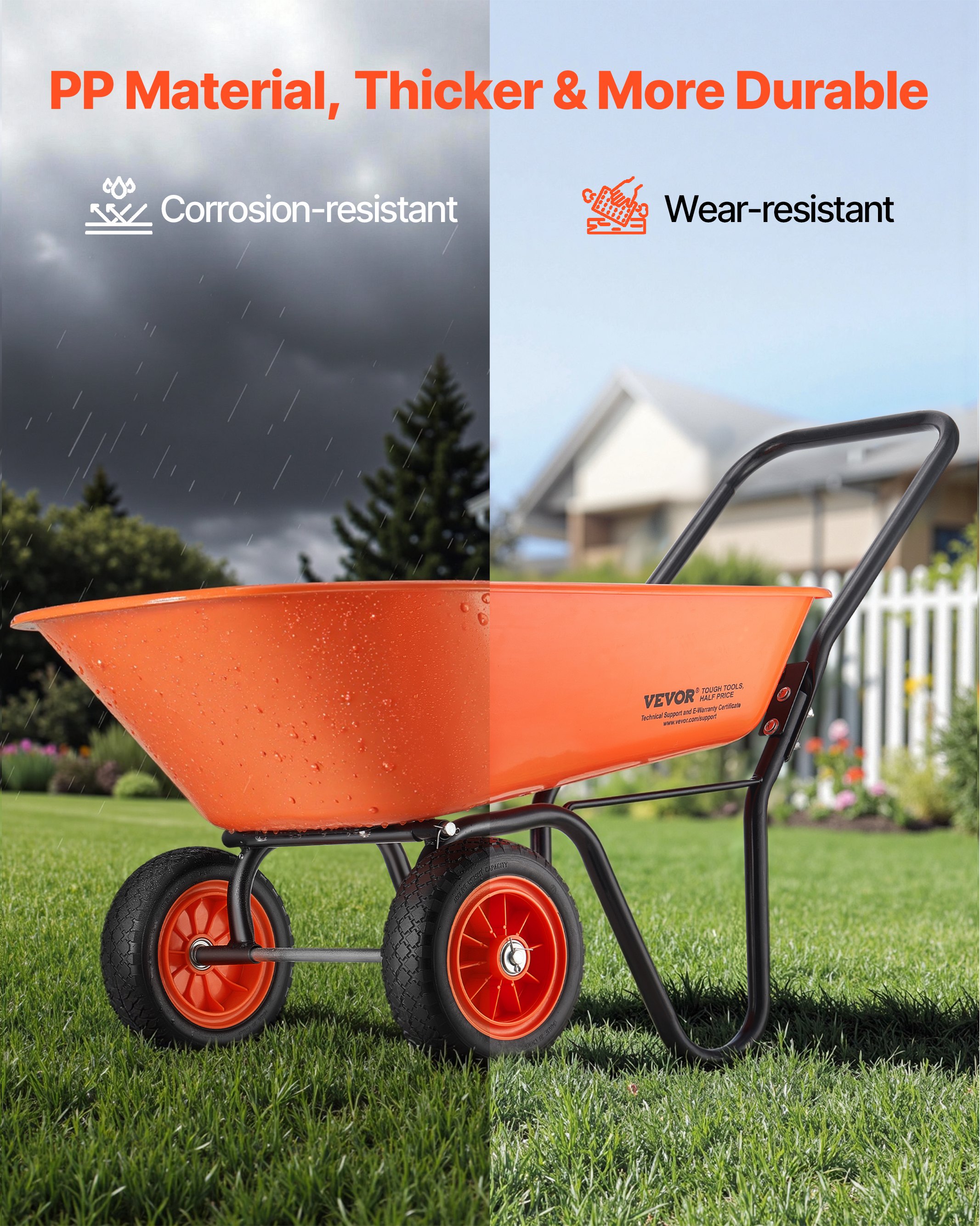 VEVOR Wheelbarrow Cart, 5 Cu. Ft. Load & 397 lbs Capacity, 2 Wheels Garden Dump Cart, Garden Wagon with Handle &  10"  Wide Track Wheels, Easy Loading Utility Yard Cart & Wagons for Outdoor Lawn Yard