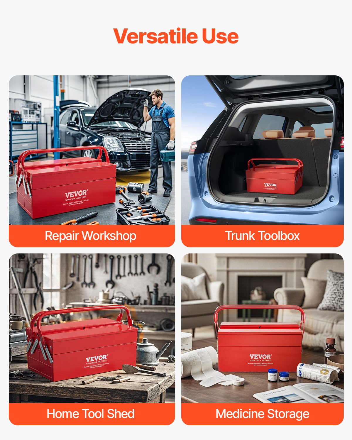 VEVOR Metal Tool Box, 14-inch, 2-Tier 3-Tray Portable Folding Tool Chest Organizer with Handle & Lock Hole, Powder Coated Steel, Cantilever Toolbox for Household Factory Warehouse Repair Shop, Red