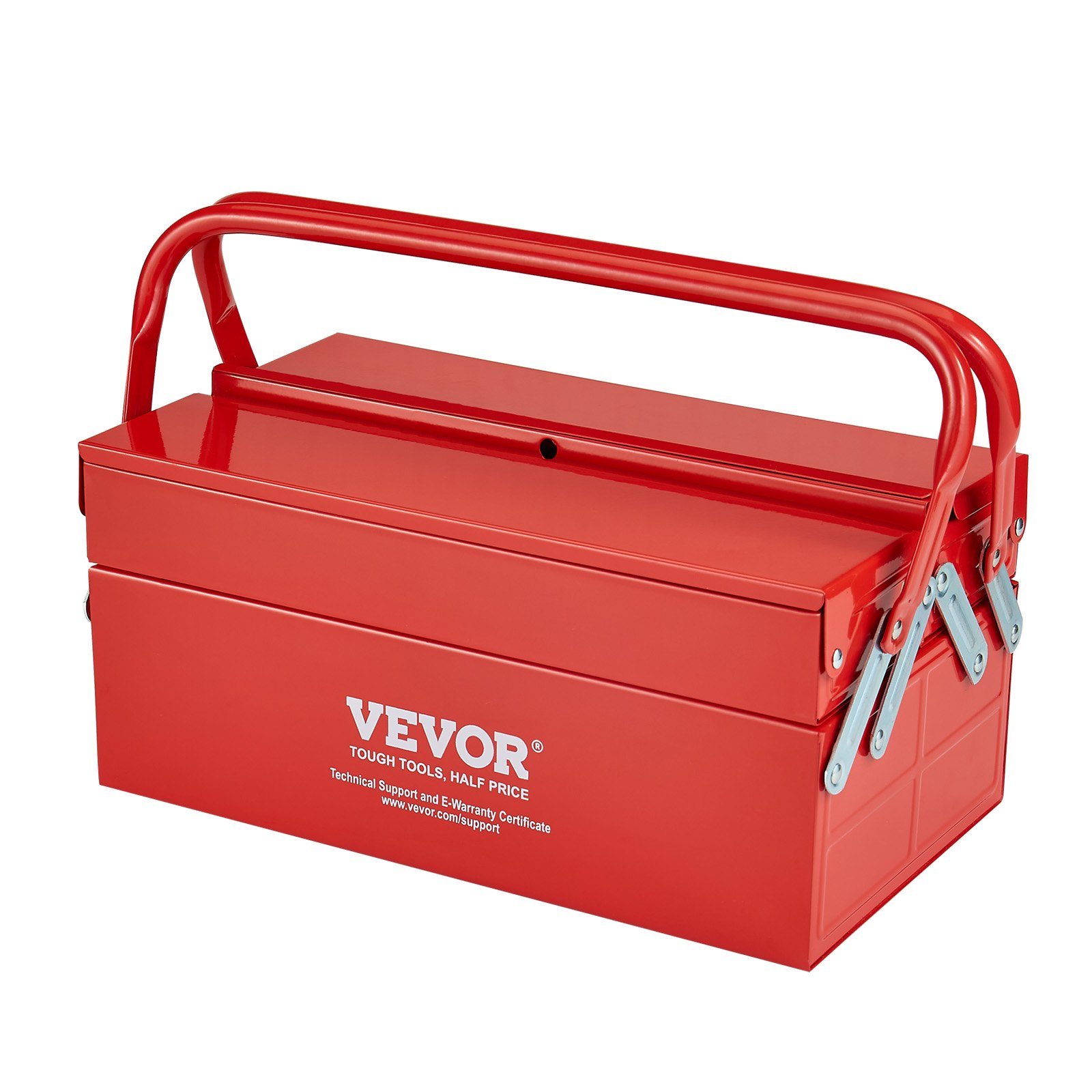 VEVOR Gereedschapskist 355,6 x 200 x 165 mm, 2-laags, 3-compartimenten, gereedschapskist met handvat en slotgat, gepoedercoat staal, gereedschapskoffer voor huishouden, fabriek, magazijn, reparatiewerkplaats, rood