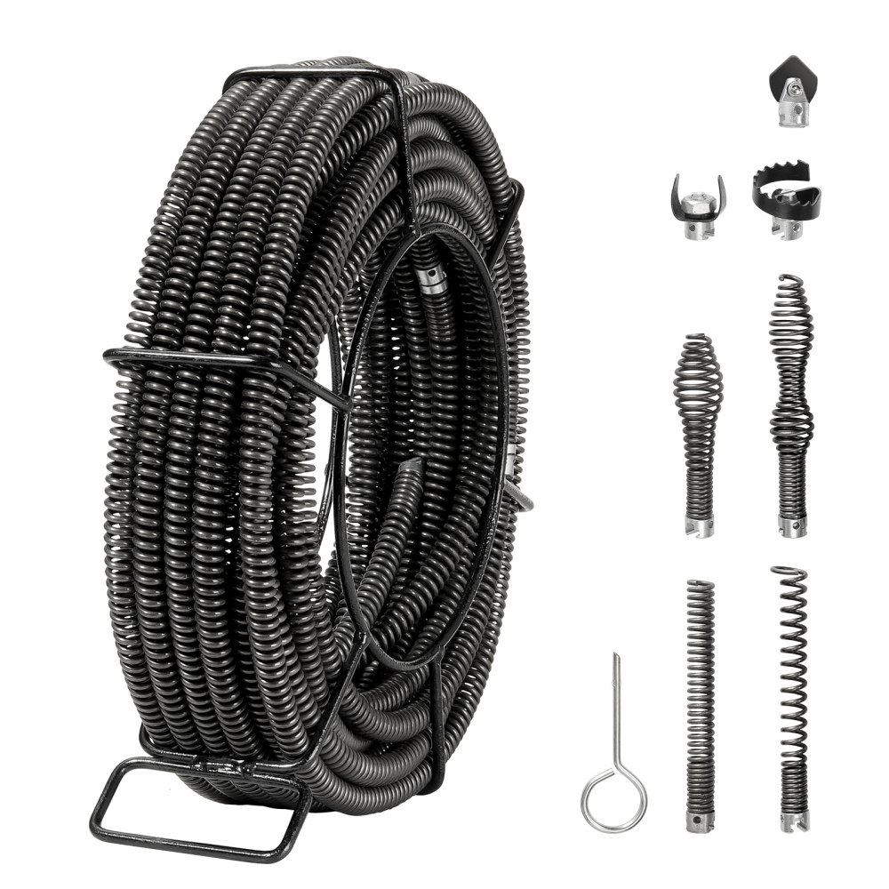 VEVOR drain cleaning cable set with multiple attachments for effective pipe cleaning.