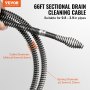 VEVOR drain cleaning cable - 66ft sectional cable for pipes 0.8-3.9 inches, 5/8" diameter.