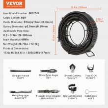 VEVOR Sectional Drain Cleaning Cable 66FTx5/8In & 7 Cutters for 0.8"-3.9" Pipes