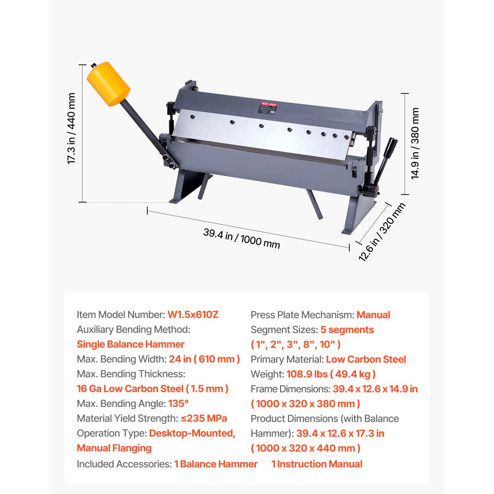 VEVOR buigmachine, 610 mm kantbank, 1,5 mm buigdikte voor zacht staal, 0-135 graden verstelbaar, plaatbuigmachine, 5-vinger vouwmachine, plaatbuigmachine voor nauwkeurig buigen