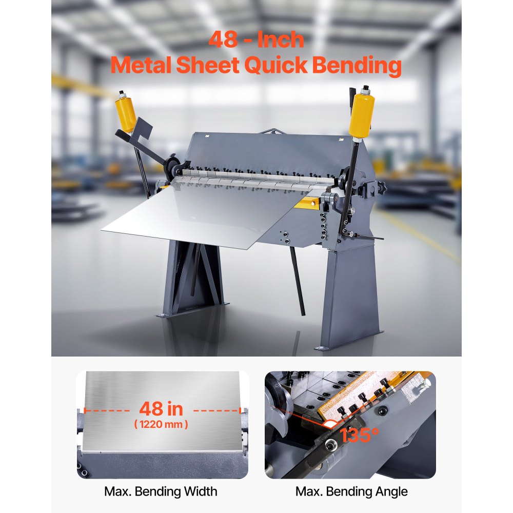 VEVOR Box and Pan Brake, 48 in Sheet Metal Bending Brake, 12-Gauge Mild Steel Capacity, 0-135 Degree Adjustable, Metal Bender Machine with 8 Fingers, Heavy-Duty Aluminum Folder for Precise Bending