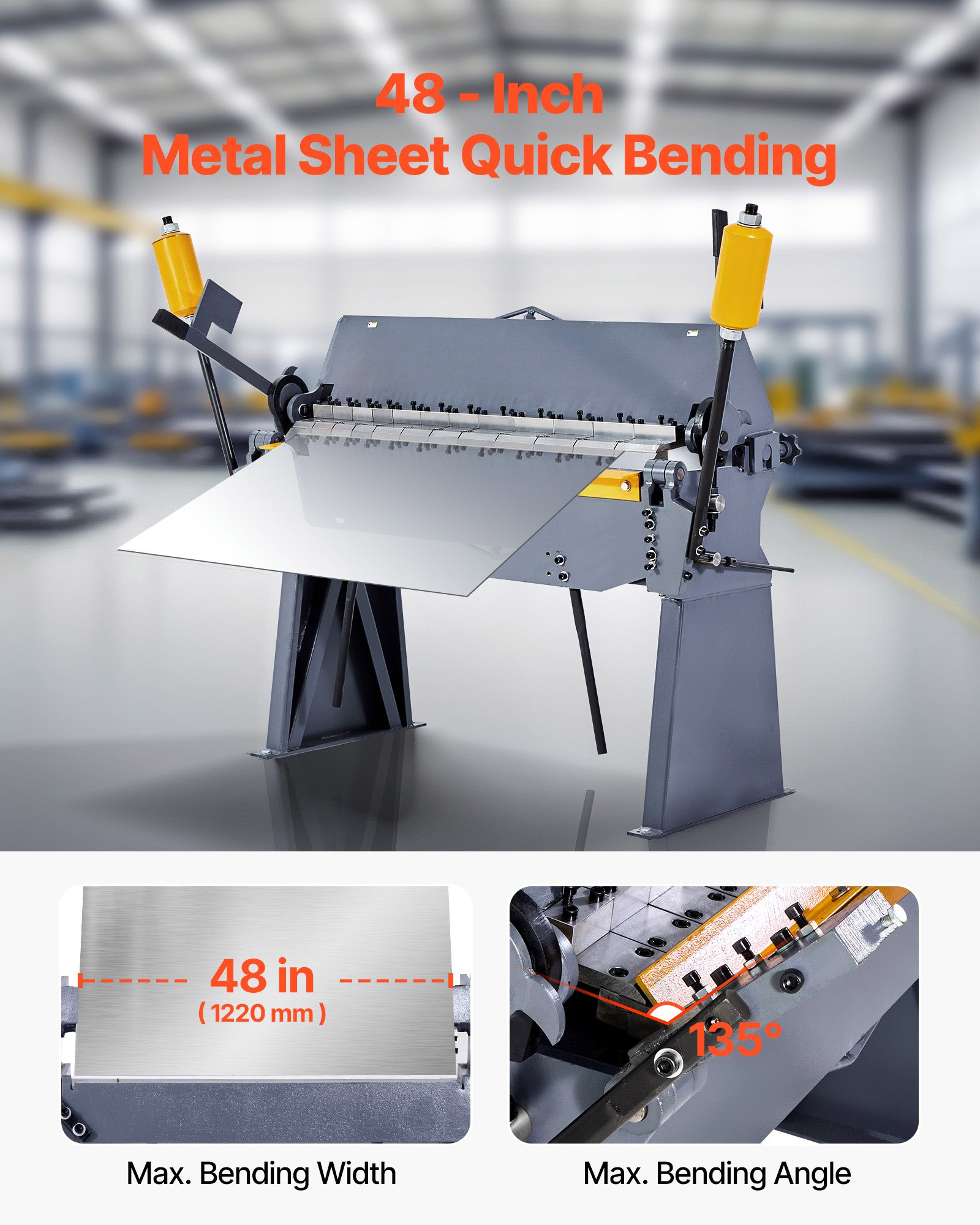 VEVOR Box and Pan Brake, 48 in Sheet Metal Bending Brake, 12-Gauge Mild Steel Capacity, 0-135 Degree Adjustable, Metal Bender Machine with 8 Fingers, Heavy-Duty Aluminum Folder for Precise Bending