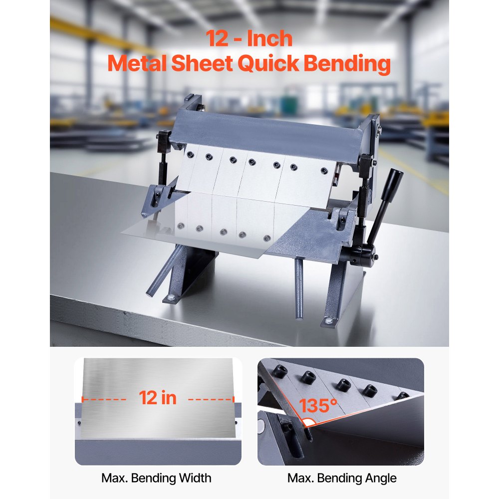 VEVOR Box and Pan Brake, 12 in Sheet Metal Bending Brake, 20-Gauge Mild Steel Capacity, 0-135 Degree Adjustable, Metal Bender Machine with 5 Fingers, Heavy-Duty Aluminum Folder for Precise Bending