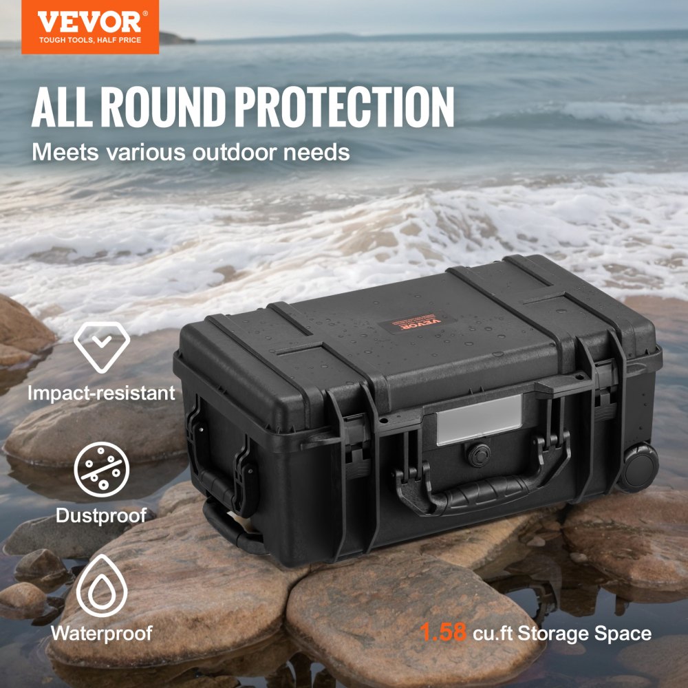VEVOR Weatherproof Hard Case, Heavy Duty Protective Dry Box Case with Pre-cut Foam, Wheels & Retractable Pull Handles for Travel, Hunt, Military, Tactical, IP67 Waterproof Case for Cameras (64x51x25)