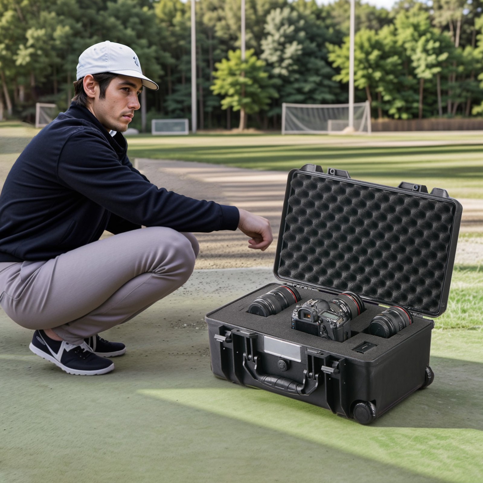 VEVOR Weatherproof Hard Case, Heavy Duty Protective Dry Box Case with Pre-cut Foam, Wheels & Retractable Pull Handles for Travel, Hunt, Military, Tactical, IP67 Waterproof Case for Cameras (64x51x25)