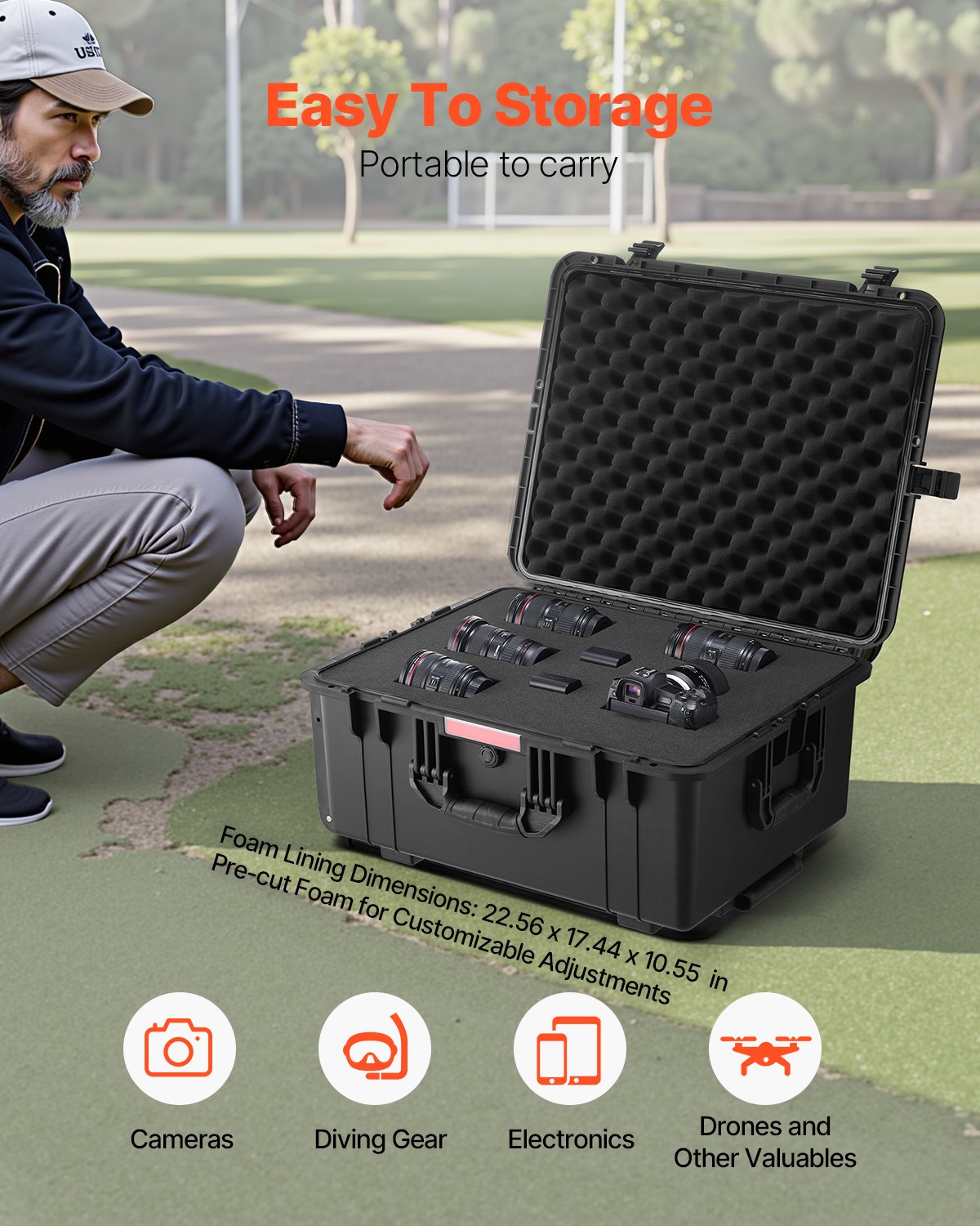 VEVOR 3.5 Cu.ft Weatherproof Hard Case, Waterproof Hard Case with Rolling Wheels & Retractable Pull Handle, IP67 Waterproof Protective Case with Clips, Padlock Holes, and Foam Inserted, Black (Large)