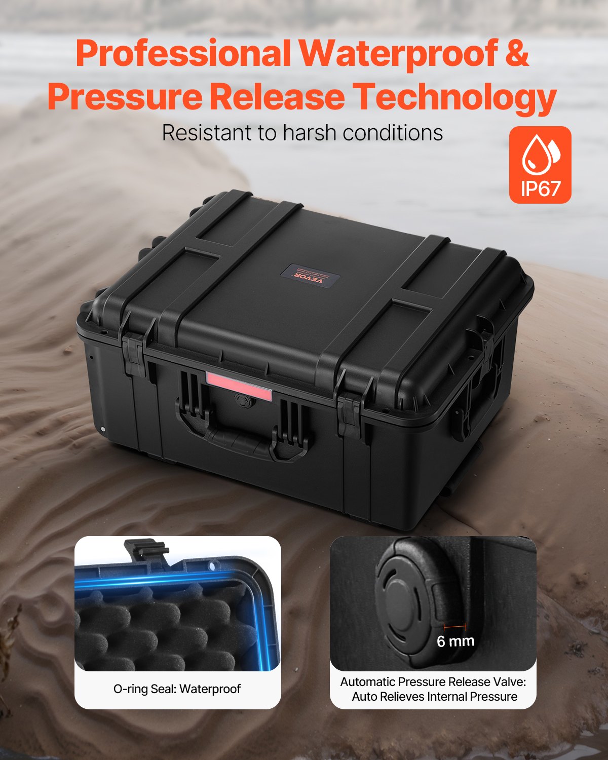 VEVOR 3.5 Cu.ft Weatherproof Hard Case, Waterproof Hard Case with Rolling Wheels & Retractable Pull Handle, IP67 Waterproof Protective Case with Clips, Padlock Holes, and Foam Inserted, Black (Large)