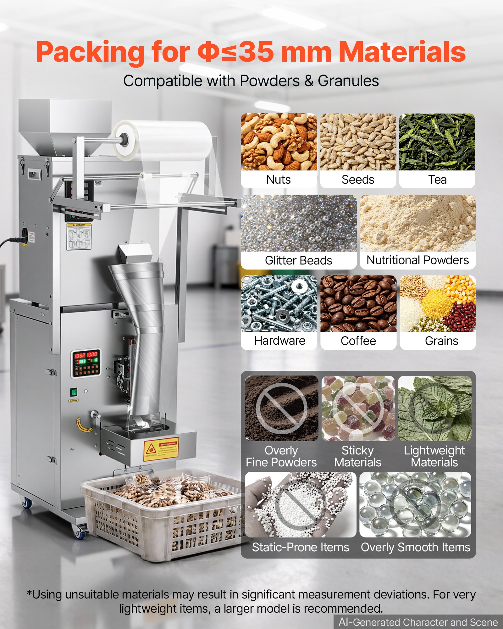 VEVOR Poederverpakkings- en vulmachine, volledig automatische vulmachine 10-500 g, intelligent wegen, vullen en verpakken, roestvrij staal, vloermodel, ideaal voor noten, zaden, thee, koffiebonen, specerijen en meel.
