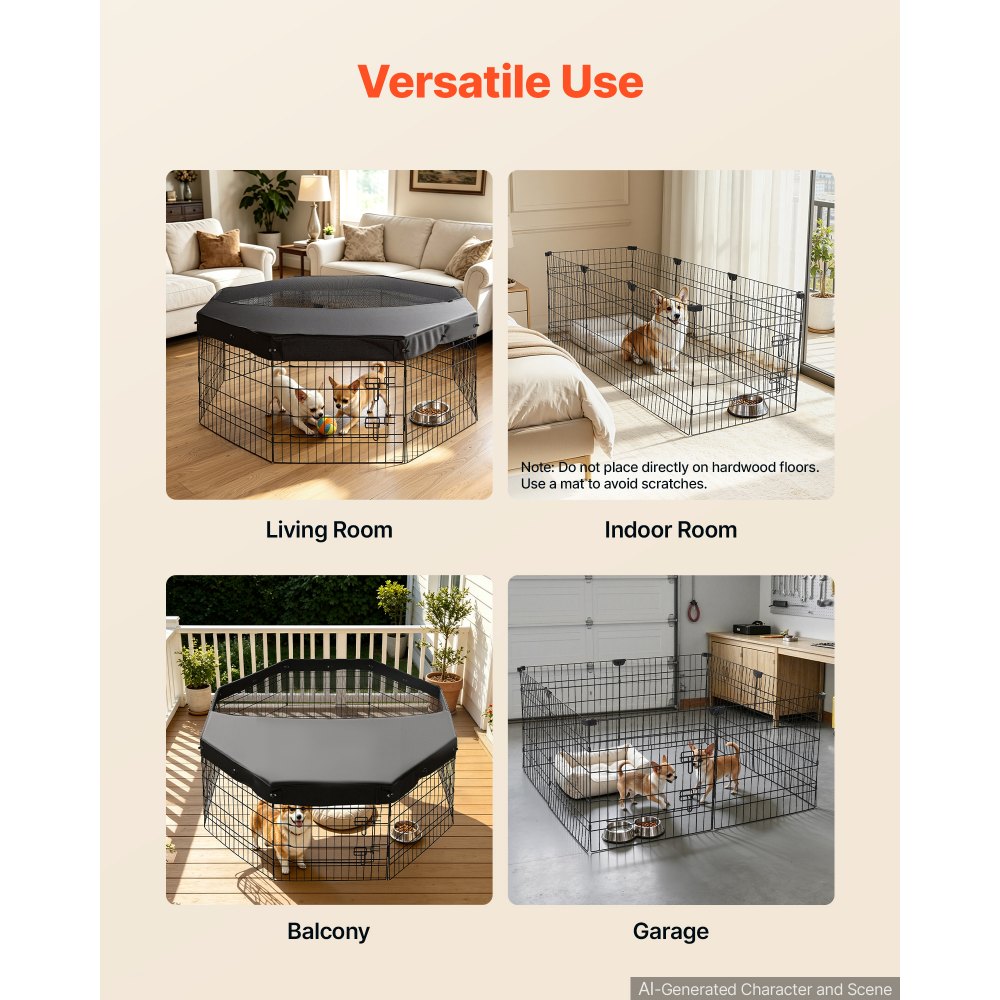 VEVOR Puppyren, Puppyren, Hondenren, 61 cm, 8-delige set met deksel, Speelplek voor honden, katten en andere kleine dieren, Opvouwbaar, Metaal, Veelzijdig te gebruiken dankzij de verschillende vormen