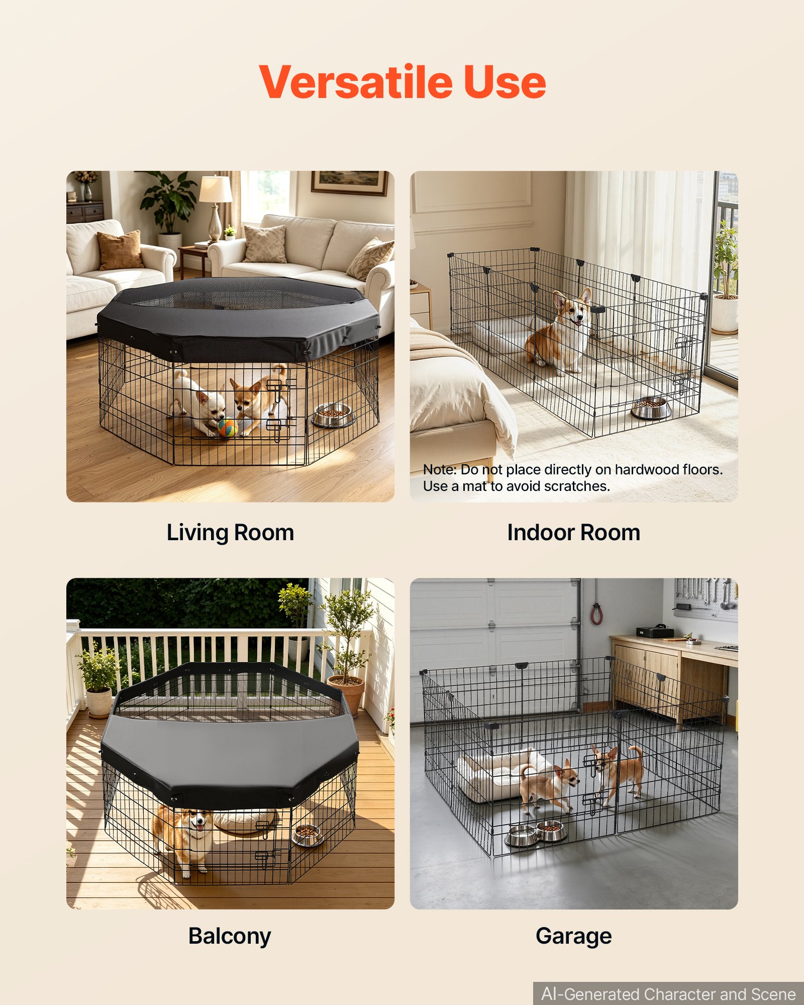 VEVOR Puppyren, Puppyren, Hondenren, 61 cm, 8-delige set met deksel, Speelplek voor honden, katten en andere kleine dieren, Opvouwbaar, Metaal, Veelzijdig te gebruiken dankzij de verschillende vormen