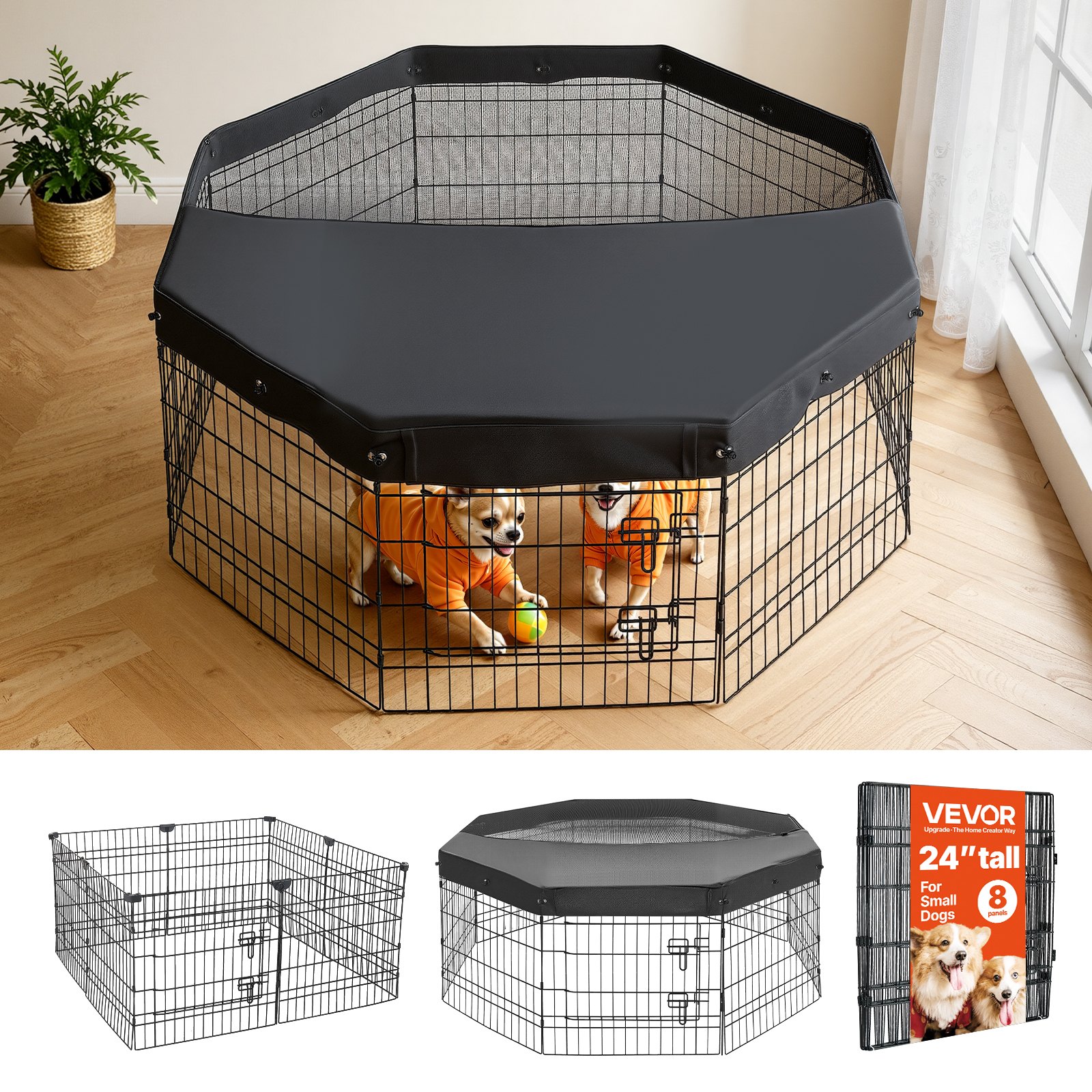 VEVOR Puppyren, Puppyren, Hondenren, 61 cm, 8-delige set met deksel, Speelplek voor honden, katten en andere kleine dieren, Opvouwbaar, Metaal, Veelzijdig te gebruiken dankzij de verschillende vormen