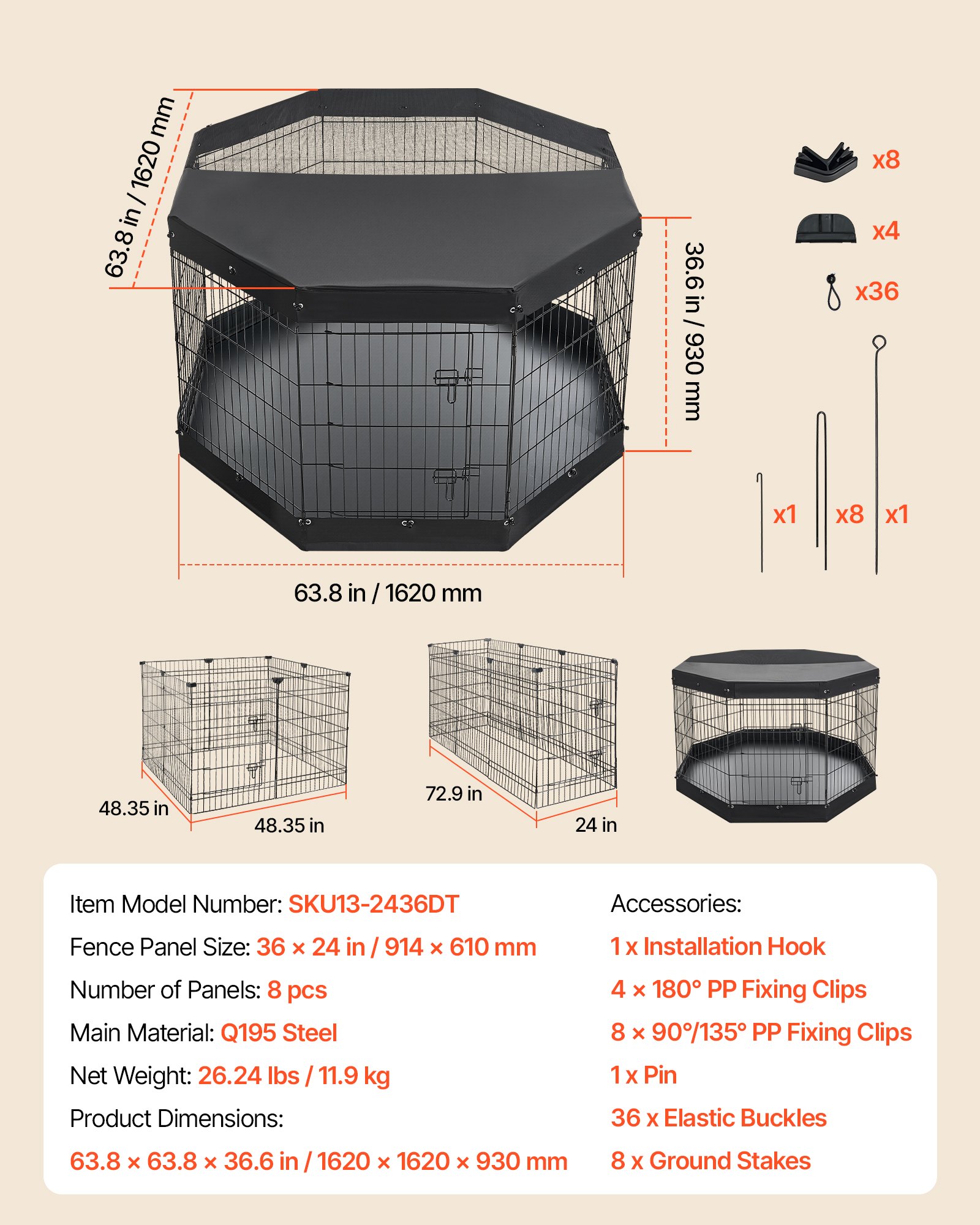VEVOR Puppy Speelbox, 91 cm, 8-delige set met deksel en speelmat, speelruimte voor grote honden, katten en andere kleine huisdieren. Opvouwbaar en veelzijdig dankzij de verschillende vormen.
