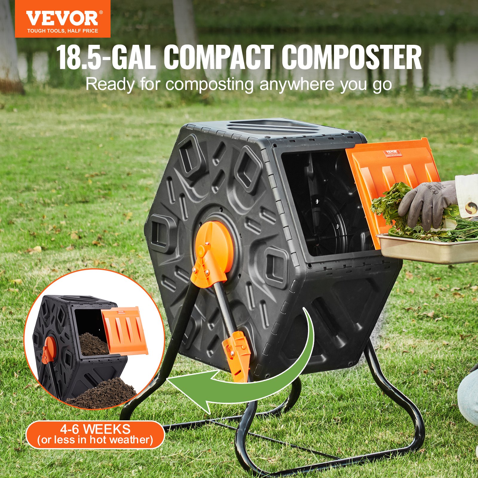 VEVOR Tumbling Composter Bin Composter Tumbler 70 L, Drum Composter 360° Draaibaar Multifunctionele Tumbling Composter 605 x 510 x 730 mm, 20 kg Dragende Tuincompostcontainer inclusief Handschoenen