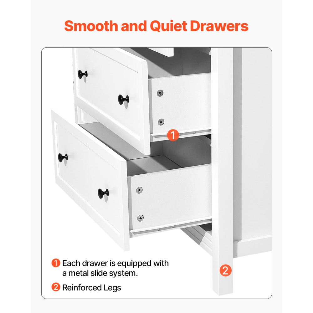 VEVOR 6 Drawer Dresser, Wooden Chest of Drawers with Sliding and Anti-tip Device, Retro Minimalist Dresser Chest, Closet Storage TV Stand Organizer for Living Room, Hallway, Bedroom, Entryway, White