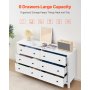 VEVOR 6 Drawer Dresser, Wooden Chest of Drawers with Sliding and Anti-tip Device, Retro Minimalist Dresser Chest, Closet Storage TV Stand Organizer for Living Room, Hallway, Bedroom, Entryway, White