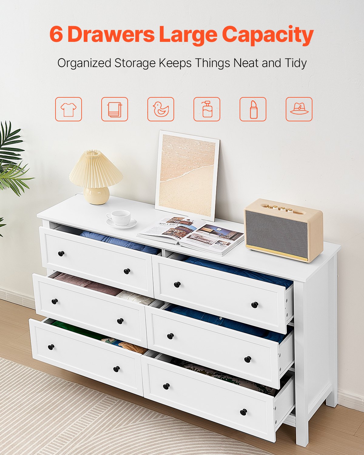 VEVOR 6 Drawer Dresser, Wooden Chest of Drawers with Sliding and Anti-tip Device, Retro Minimalist Dresser Chest, Closet Storage TV Stand Organizer for Living Room, Hallway, Bedroom, Entryway, White