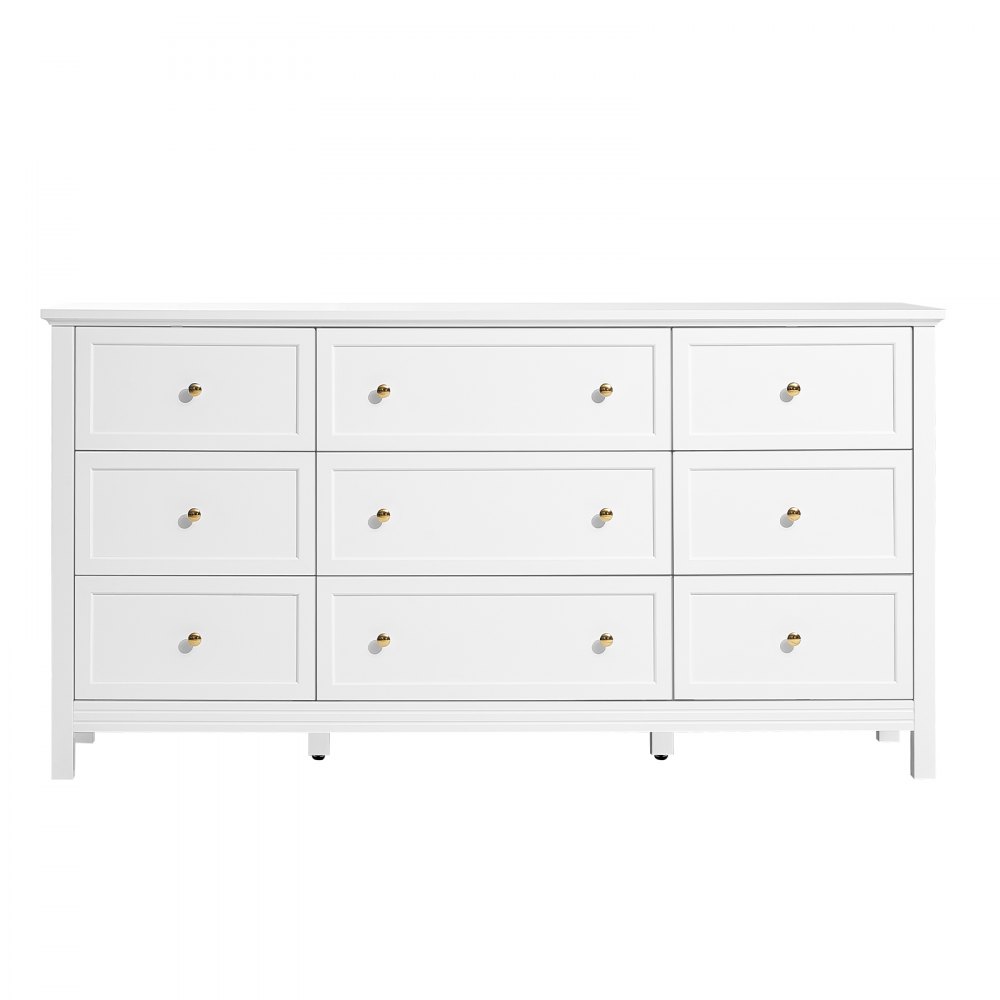 VEVOR 9 Drawer Dresser, Wooden Chest of Drawers with Sliding and Anti-tip Device, Retro Minimalist Dresser Chest, Closet Storage TV Stand Organizer for Living Room, Hallway, Bedroom, Entryway, White