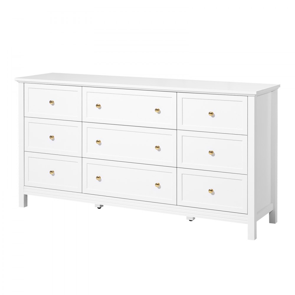VEVOR ladekast met 9 laden, houten ladekast met schuif- en kantelbeveiliging, minimalistische retro ladekast tv-standaard, organizer voor woonkamer, slaapkamer en entree (wit)
