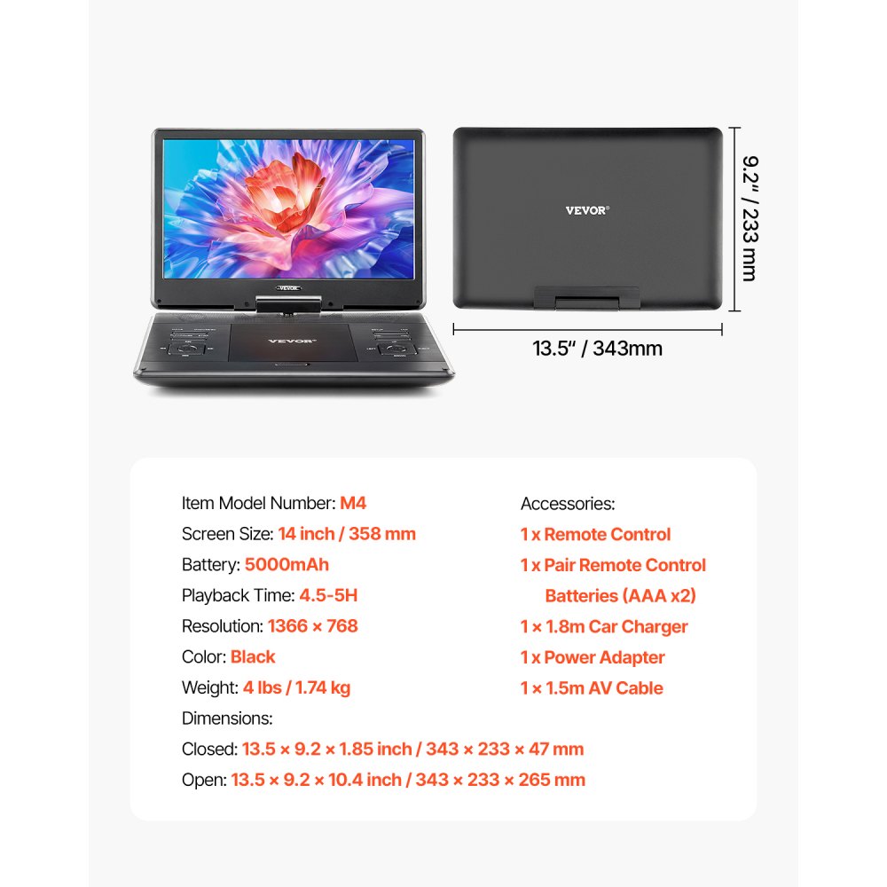 VEVOR draagbare dvd-speler met roterend HD-scherm (358 mm), ingebouwde accu met 4,5-5 uur speelduur, 2 luidsprekers, ondersteunt synchronisatie van tv/USB/SD-kaart/cd/dvd, autolader, zwart