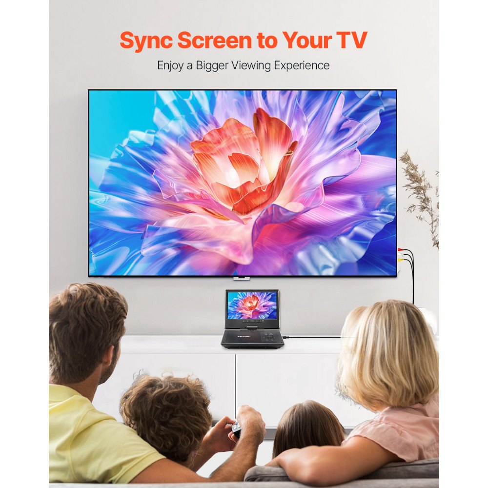 VEVOR draagbare dvd-speler met roterend HD-scherm (228 mm), ingebouwde accu met een gebruiksduur van 4 uur, 2 luidsprekers, ondersteunt tv-/USB-/SD-kaart-/cd-/dvd-synchronisatie, autolader, zwart