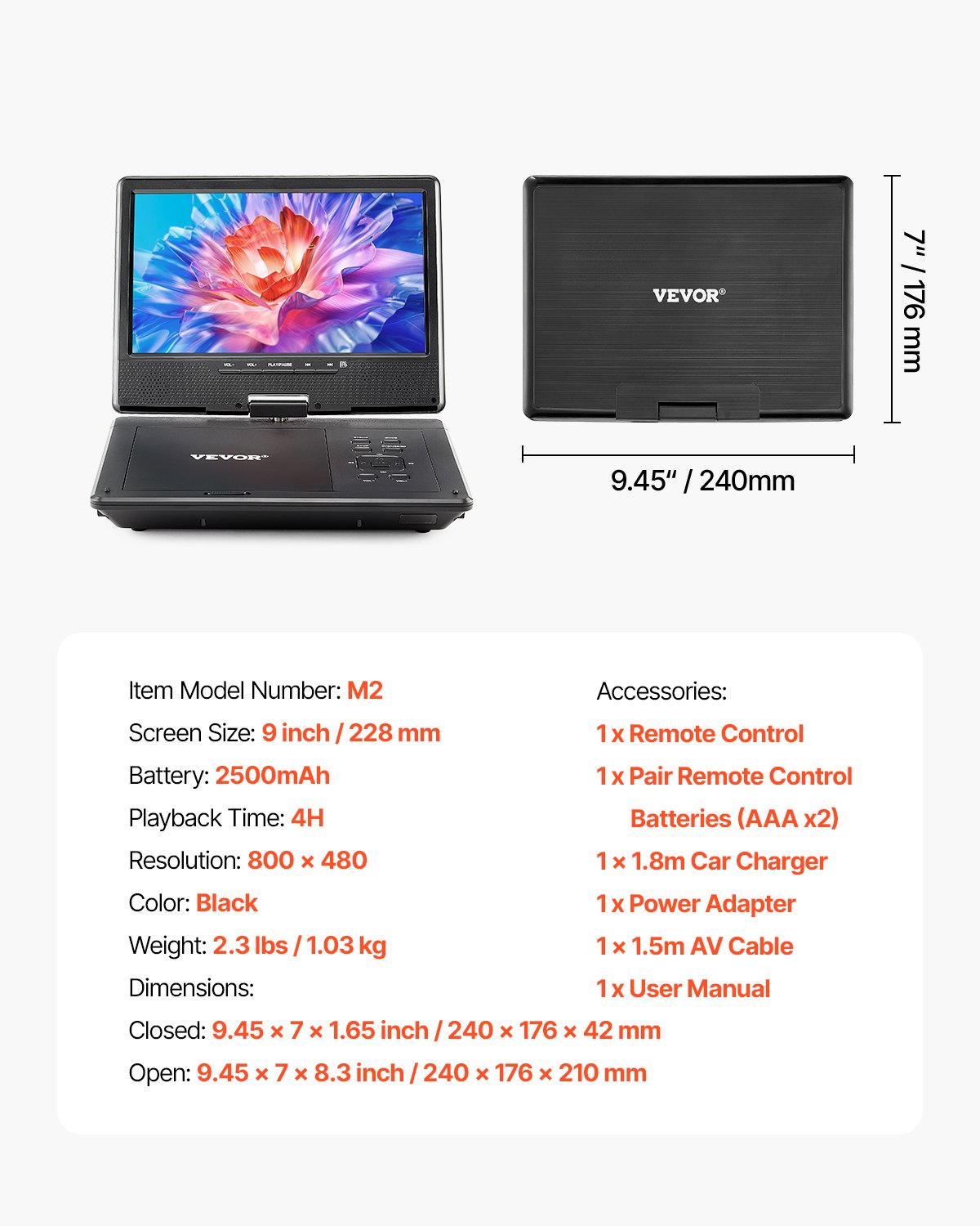 VEVOR draagbare dvd-speler met roterend HD-scherm (228 mm), ingebouwde accu met een gebruiksduur van 4 uur, 2 luidsprekers, ondersteunt tv-/USB-/SD-kaart-/cd-/dvd-synchronisatie, autolader, zwart