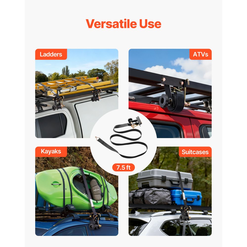 VEVOR Ladderframe Spanbanden, Zwarte Vierkante Buis Montage, 38 mm Breed x 2,25 m Lang, Ratelbanden met Dubbele J-haken, 226,8 kg Draagvermogen, met Gespsluiting (Verpakking van 8)