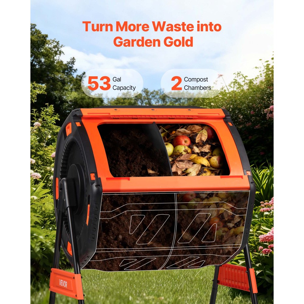 VEVOR Composttrommel 200 L, Draaiende Composteerbak voor Buiten met 2 Schuifdeuren, Ventilatiesysteem en Dubbele Compostkamers, Compostbak Gemaakt van PP & Koolstofstaal voor Tuin-, Keuken- en Erfafval