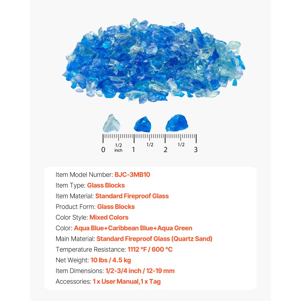 VEVOR Fire Glass, Reflecterend, 4,5 kg, Haardglas, 12-19 mm glasstenen, Gemalen haardglas voor propaangashaarden, Aquablauw + Caribisch blauw + Aquagroen