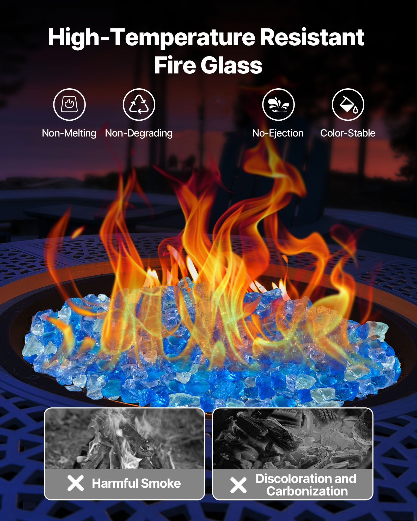 VEVOR Fire Glass, Reflecterend, 4,5 kg, Haardglas, 12-19 mm glasstenen, Gemalen haardglas voor propaangashaarden, Aquablauw + Caribisch blauw + Aquagroen