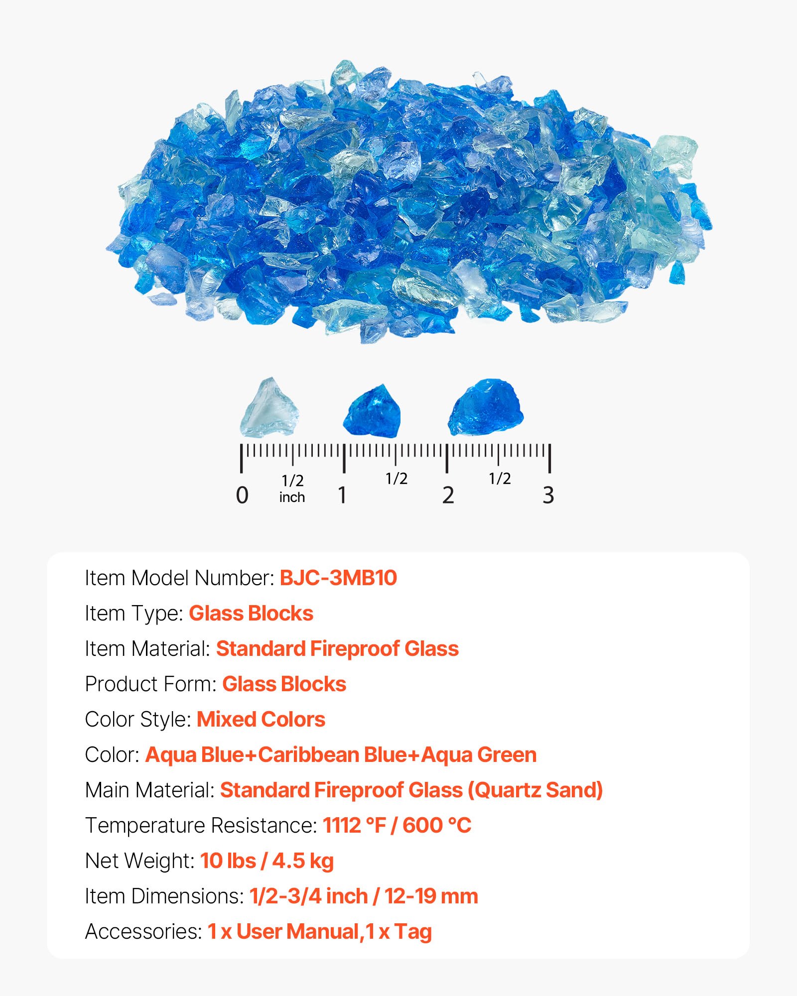 VEVOR Fire Glass, Reflecterend, 4,5 kg, Haardglas, 12-19 mm glasstenen, Gemalen haardglas voor propaangashaarden, Aquablauw + Caribisch blauw + Aquagroen