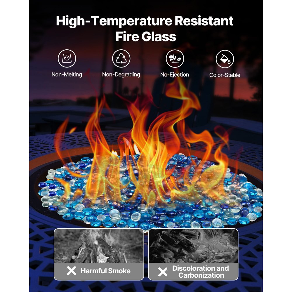 VEVOR Fire Glass, 10LBS / 4.5KG Smokeless & Fireplace Rocks, 3/4-Inch / 19.05 mm Reflective Firepit Glass Beads, High Luster Stone Landscaping for Fire Pit Table, Cobalt Blue + Caribbean Blue + Clear