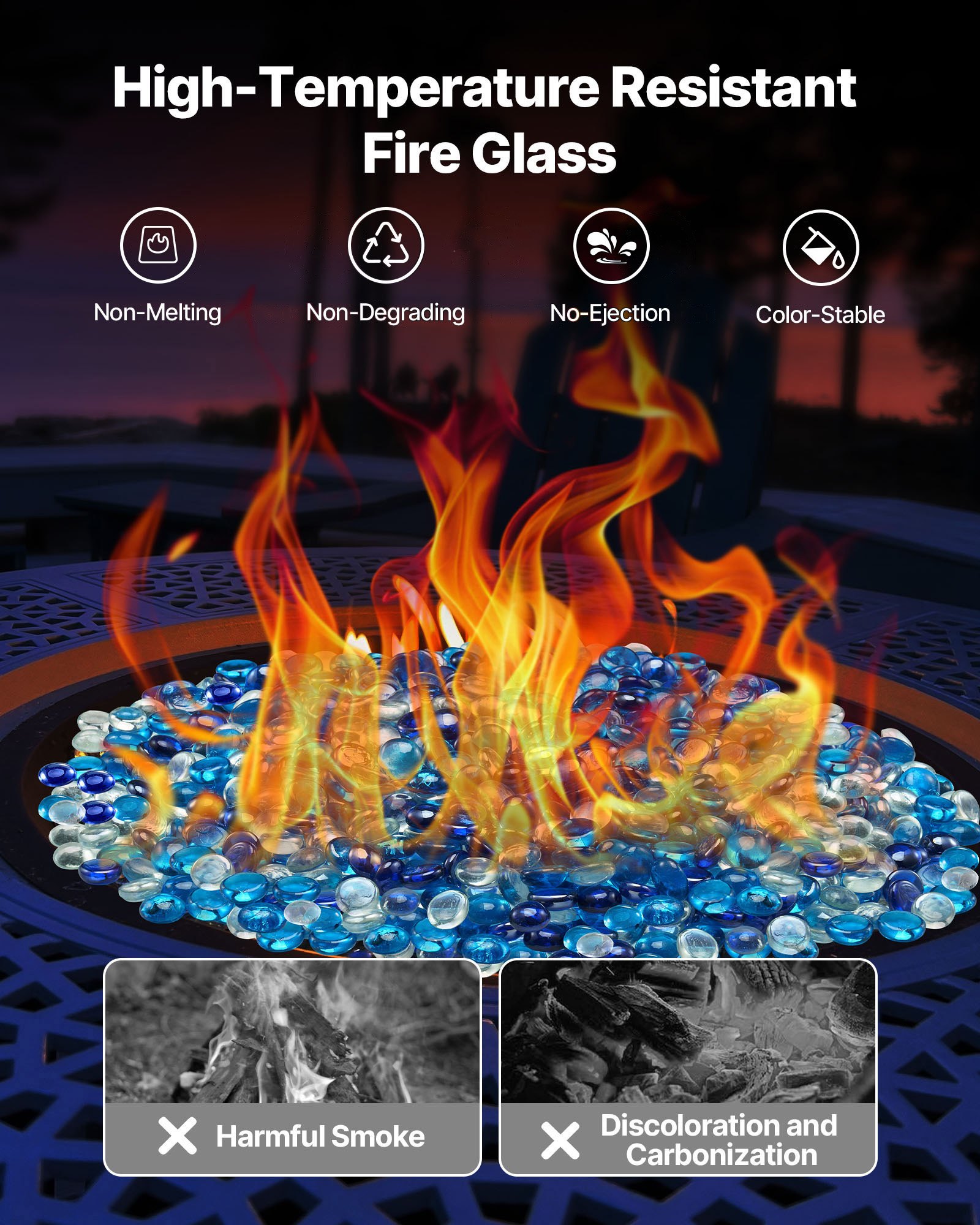 VEVOR Fire Glass, 10LBS / 4.5KG Smokeless & Fireplace Rocks, 3/4-Inch / 19.05 mm Reflective Firepit Glass Beads, High Luster Stone Landscaping for Fire Pit Table, Cobalt Blue + Caribbean Blue + Clear