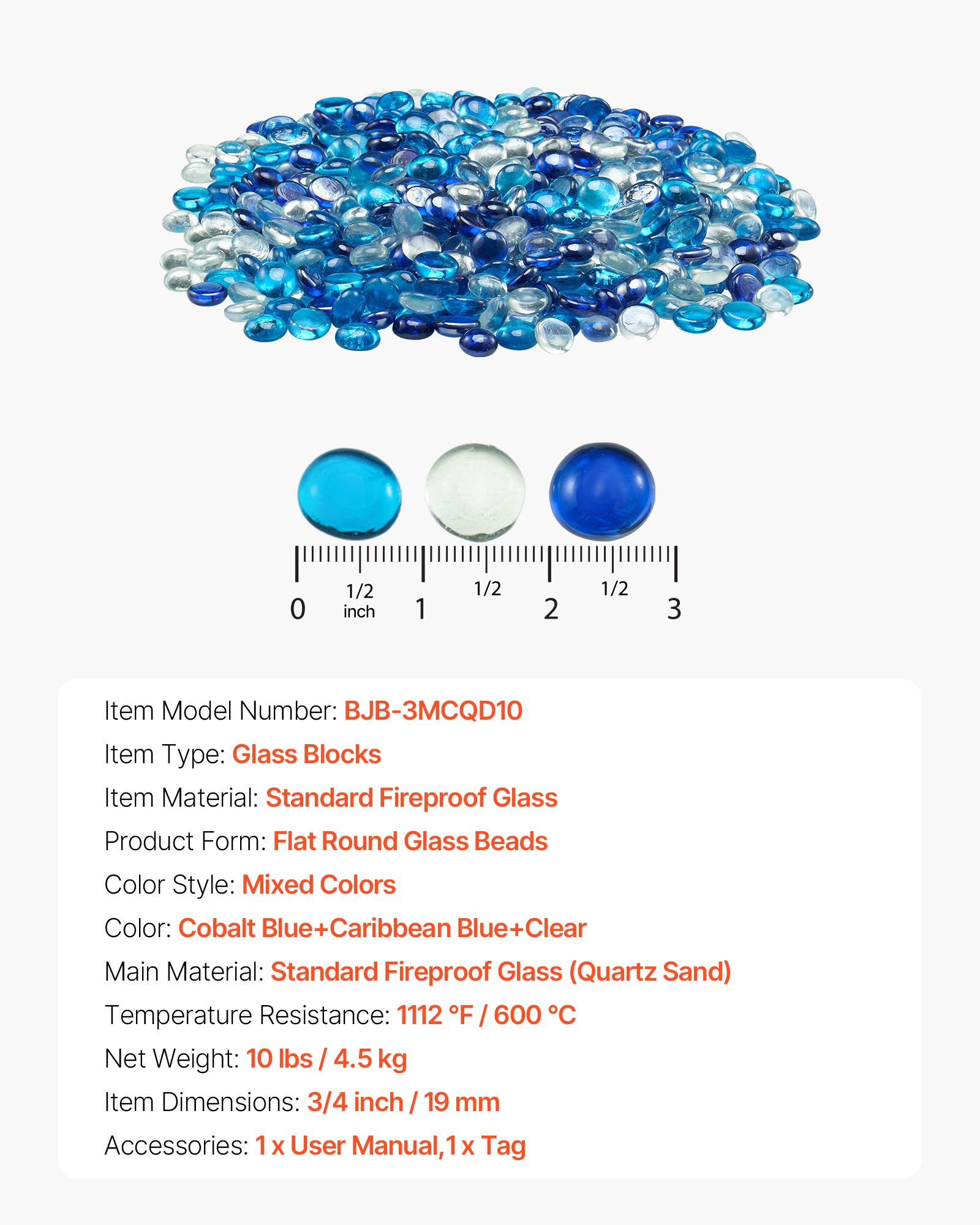 VEVOR Fire Glass, 10LBS / 4.5KG Smokeless & Fireplace Rocks, 3/4-Inch / 19.05 mm Reflective Firepit Glass Beads, High Luster Stone Landscaping for Fire Pit Table, Cobalt Blue + Caribbean Blue + Clear