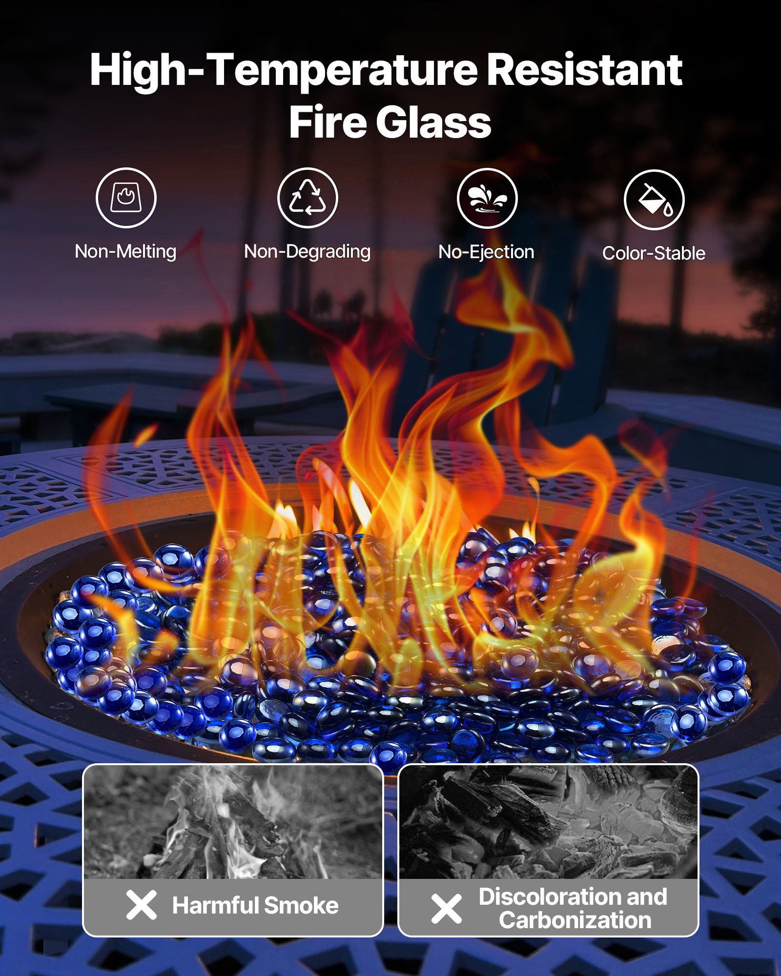 VEVOR Fire Glass, 4,5 kg hittebestendige glasstenen, 19 mm reflecterende vuurkorfglasparels, vuurkorfglasstenen, haardglas, vuurkristal, vuurkralen, voor open haard kobaltblauw