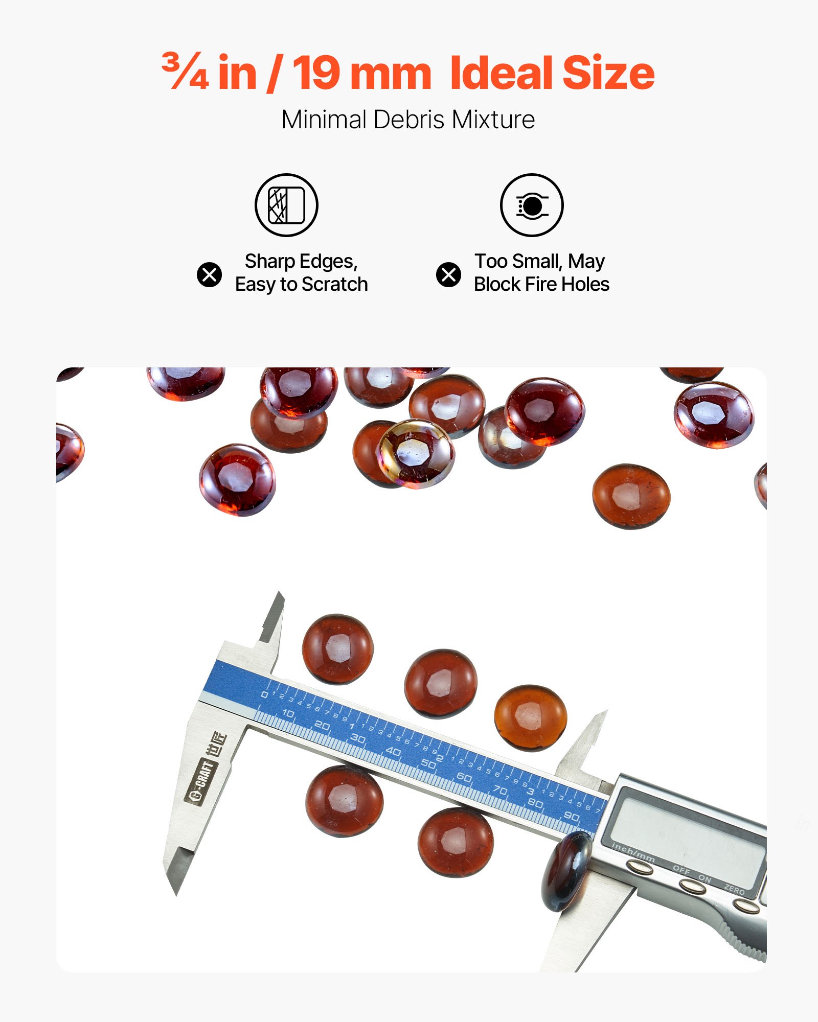 VEVOR Fire Glass, 4,5 kg hittebestendige glazen stenen, 19 mm vuurkorf glazen kralen, vuurkorf glazen stenen, rookvrij haardglas, vuurkristal, vuurkralen, voor open haard amberkleur