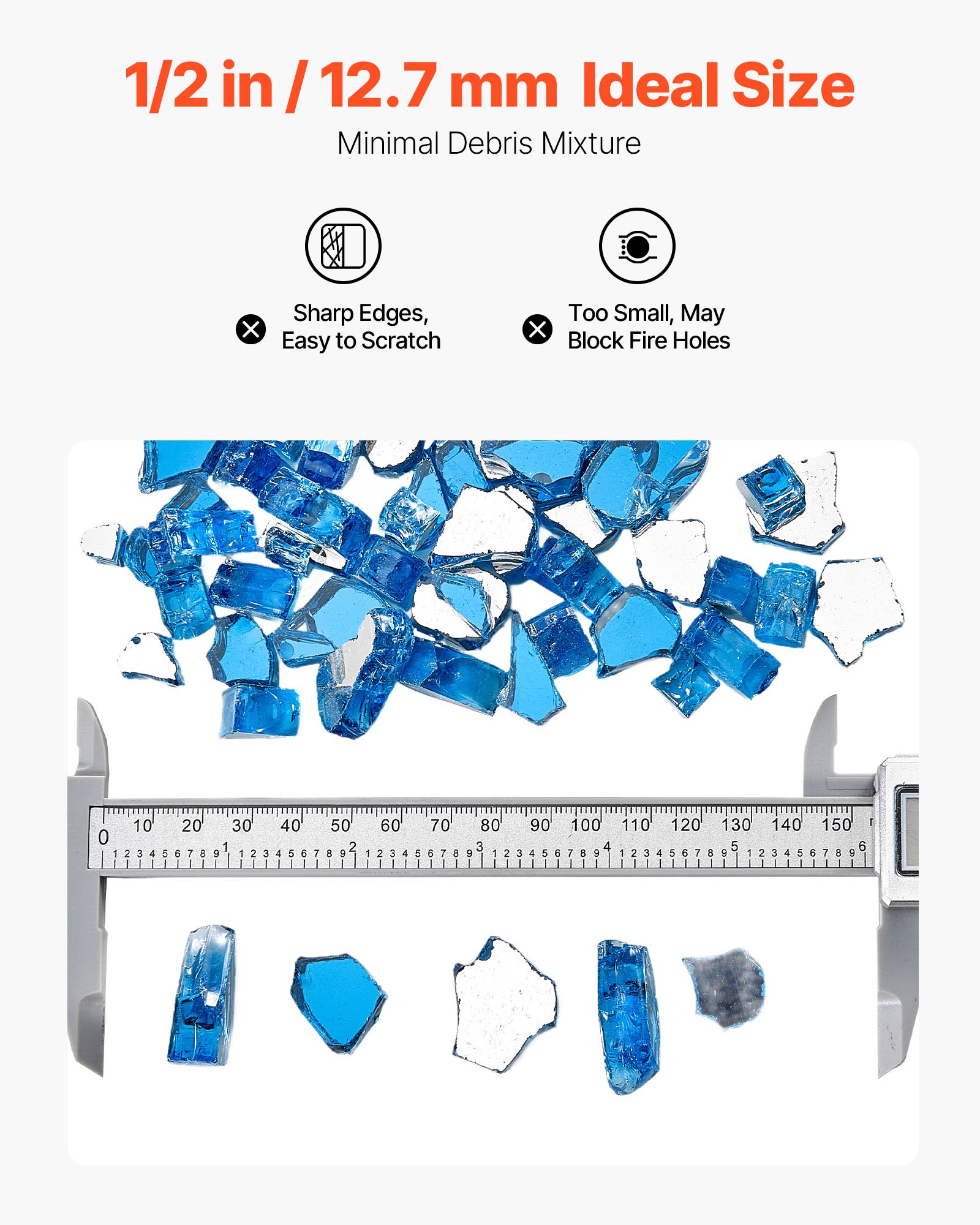 VEVOR Fire Glass, 10LBS / 4.5KG High-Temperature Resistant Fireplace Rocks, 1/2-Inch / 12.7 mm Reflective & Smokeless Firepit Glass Rock, High Luster Stone Landscaping for Fire Pit Table, Pacific Blue