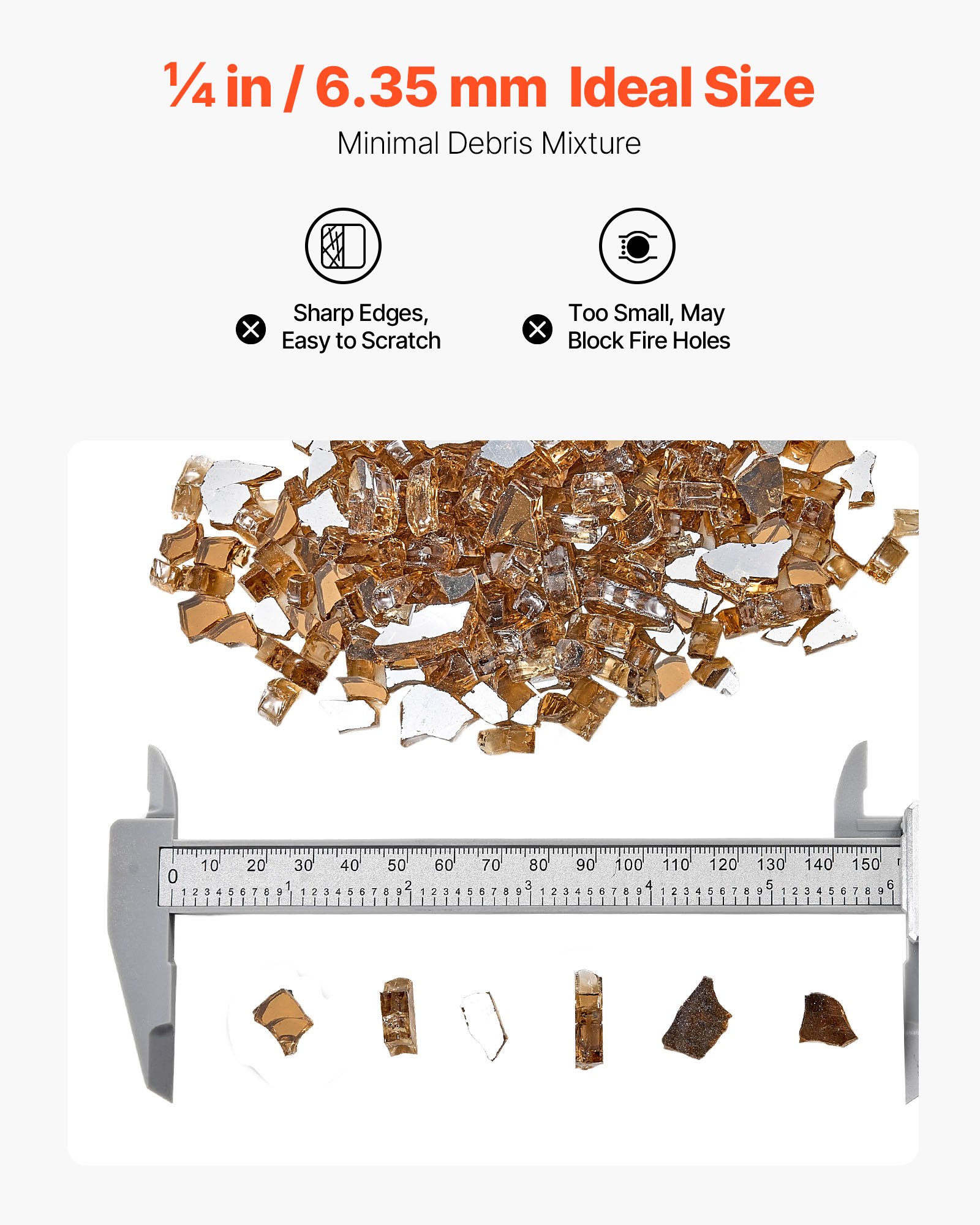 VEVOR Fire Glass, 4,5 kg hittebestendige glazen stenen, 6,35 mm reflecterende vuurkorfglaskralen, vuurkorfglasstenen, haardglas, vuurkristal, vuurkralen, koperkleur