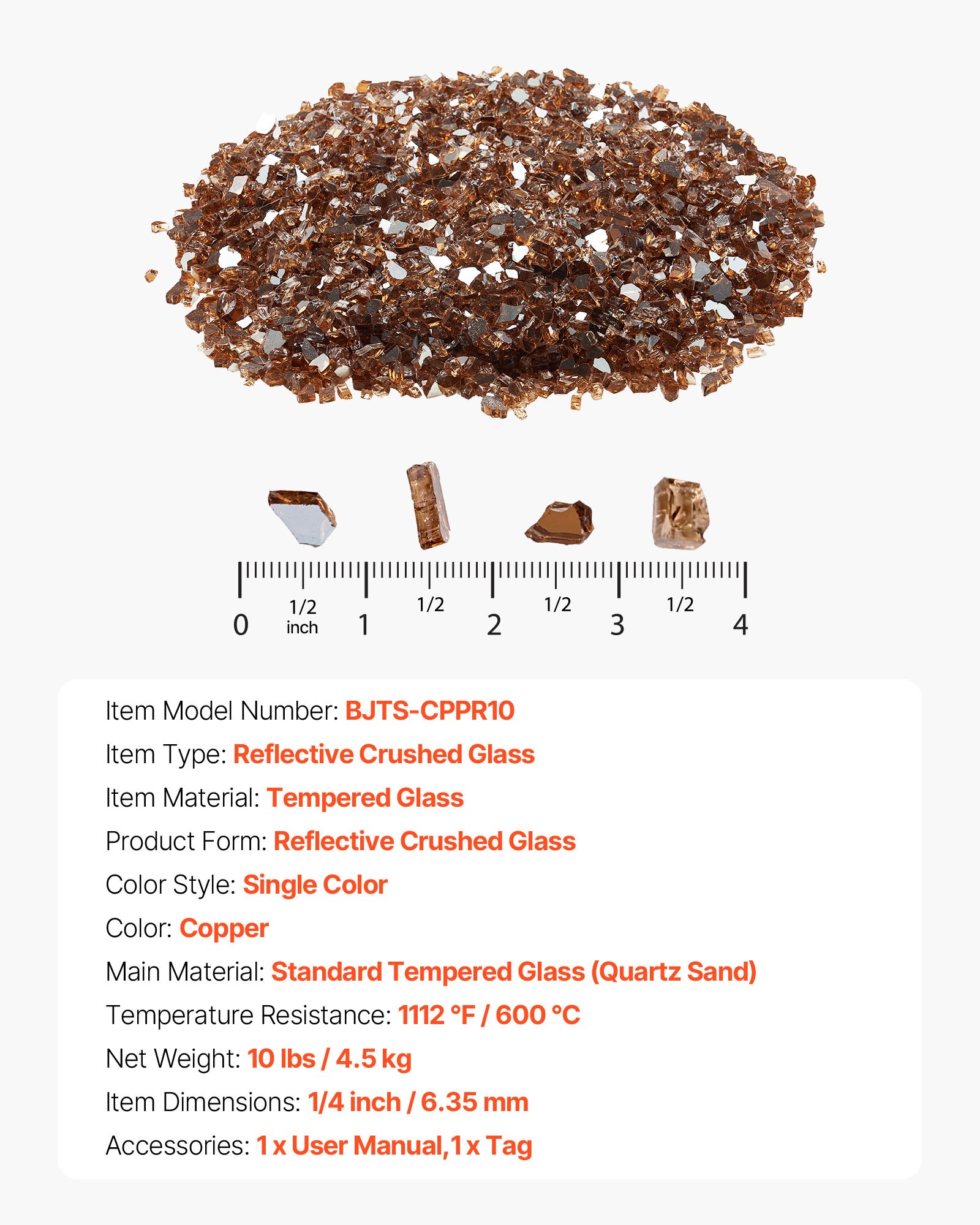 VEVOR Fire Glass, 4,5 kg hittebestendige glasstenen, 6,35 mm reflecterende glaskralen voor vuurkorven, glasstenen voor vuurkorven, haardglas, vuurkristal, vuurkralen, koperkleur