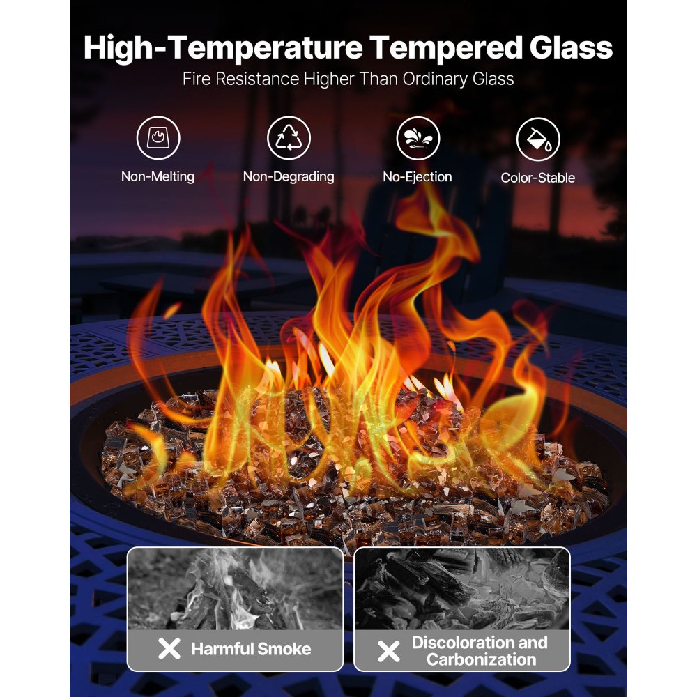 VEVOR Fire Glass, 20 LBS / 9.0 KG High-Temperature Resistant Fireplace Rocks, 1/2-Inch / 12.7 mm Reflective & Smokeless Firepit Glass Rock, High Luster Stone Landscaping for Fire Pit Table, Copper