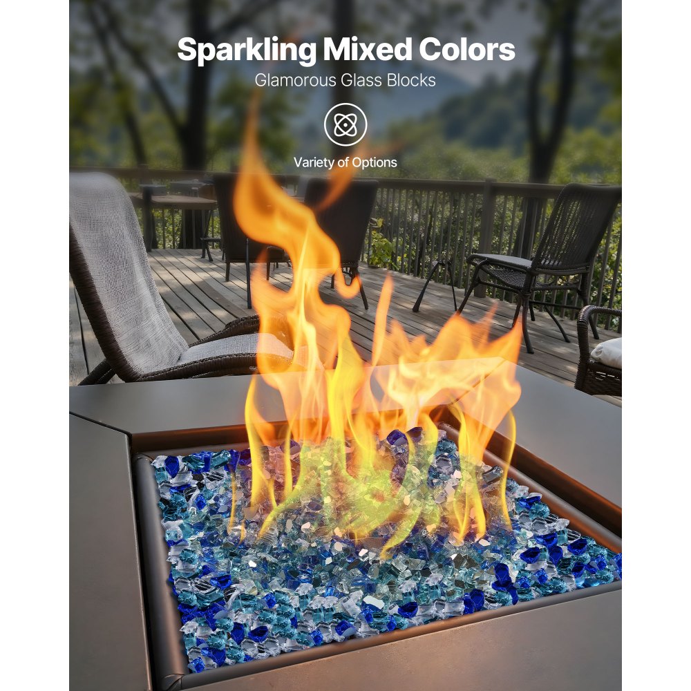 VEVOR Fire Glass, 10 LBS / 4.5 KG Fireplace Rocks, 1/2-Inch / 12.7 mm Reflective Firepit Glass Rock, High Luster & Smokeless Stone Landscaping for Fire Pit Table, Cobalt Blue + Aqua Blue + Clear