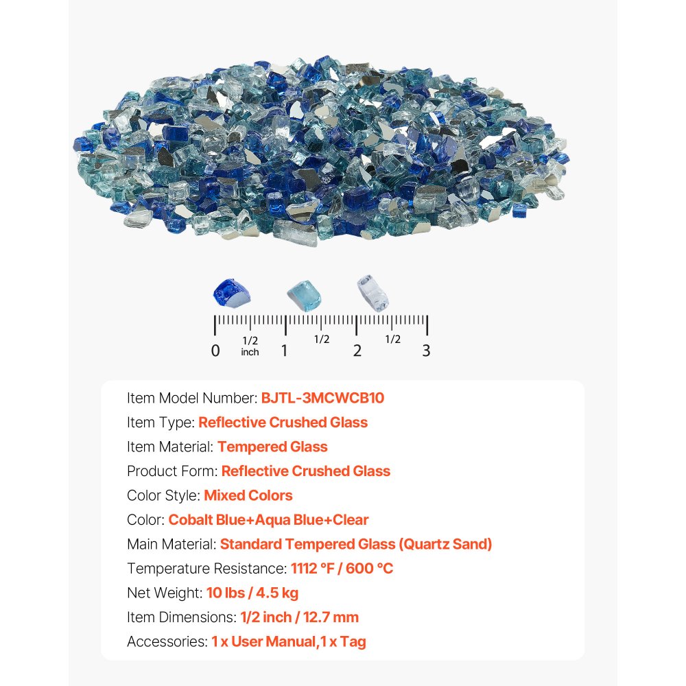 VEVOR Vuurglas, 4,5 kg, Glazen stenen, 12,7 mm reflecterende glaskralen voor de open haard, glazen haardstenen, vuurglas, vuurkristal, vuurkralen voor gashaard, kobaltblauw, aquablauw, transparant