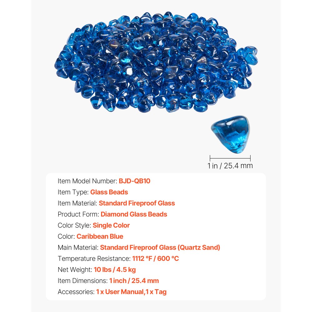 VEVOR Fire Glass, 4,5 kg hittebestendige glasstenen, 25,4 mm reflecterende glasparels voor vuurkorven, glazen stenen voor vuurkorven, haardglas, vuurkristal, vuurparels, voor open haard Caribisch blauw