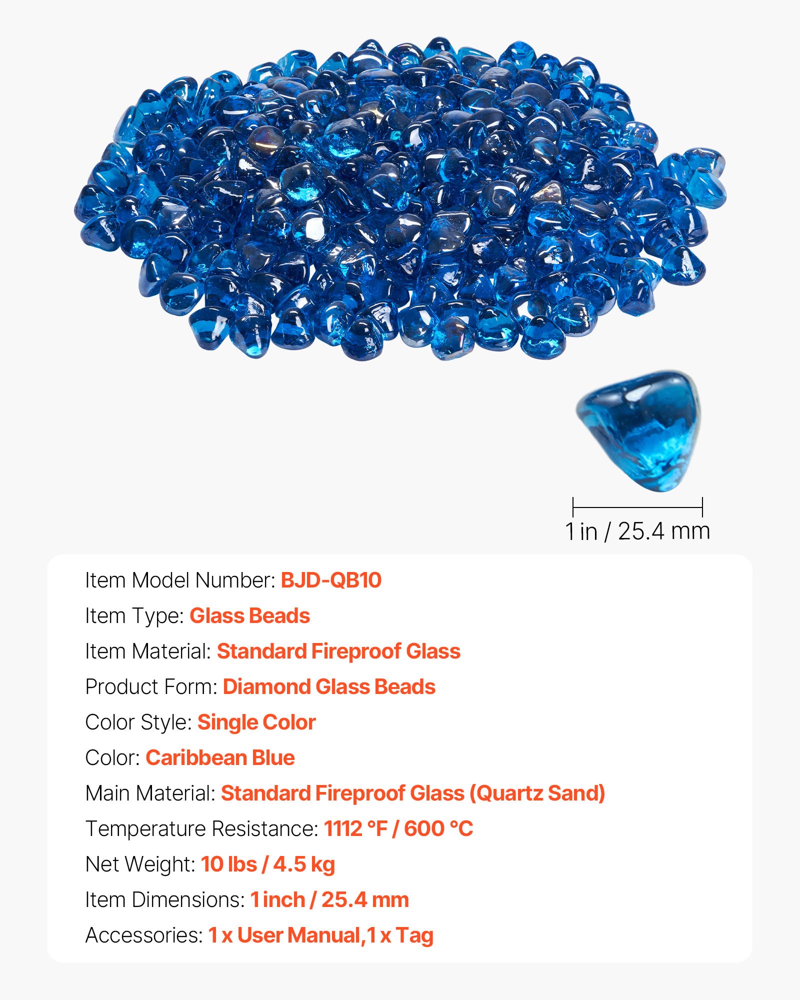 VEVOR Fire Glass, 4,5 kg hittebestendige glasstenen, 25,4 mm reflecterende glasparels voor vuurkorven, glazen stenen voor vuurkorven, haardglas, vuurkristal, vuurparels, voor open haard Caribisch blauw