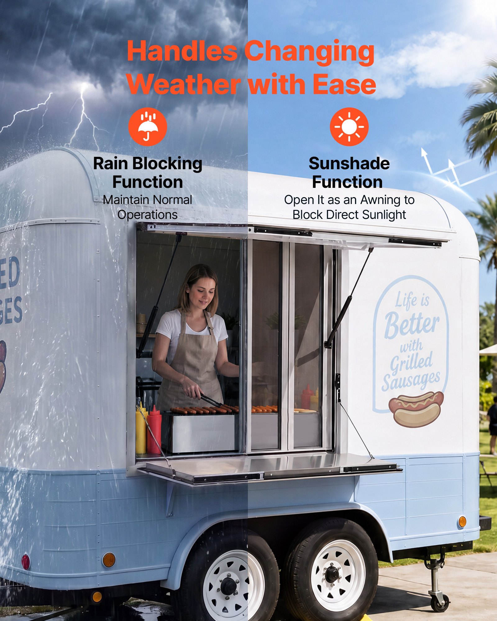 VEVOR Foodtruck Verkoopraam 915 x 915 x 110 mm Aluminiumlegering, Verkoopraam met Regenbescherming, Opent tot 85°, Opklapbaar Plank, met 4 Schuifbare Horren en Trekhaken