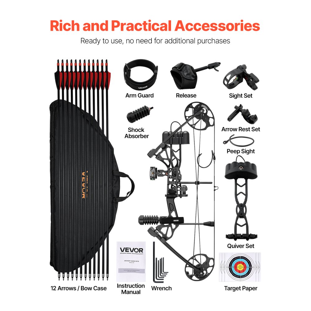 VEVOR Compound Bow Archery, Adjustable 19-30 in Draw Length Compound Bow Package for Beginner, 19-70 Lbs Draw Weight Archery Bows and Arrow Set, Right Hand Kit with Hunting Equipment, 320 fps, Black