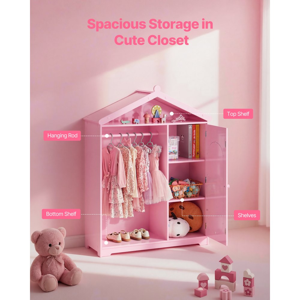 VEVOR Kinderkledingkast 85x31x113,5 cm, Kinderkledingkast met spiegel, kledingstang en planken, Kleedkamerkast van MDF met kastdeur voor meisjes, Kinderkledingkast voor verkleedkleding en poppenkamer, Roze