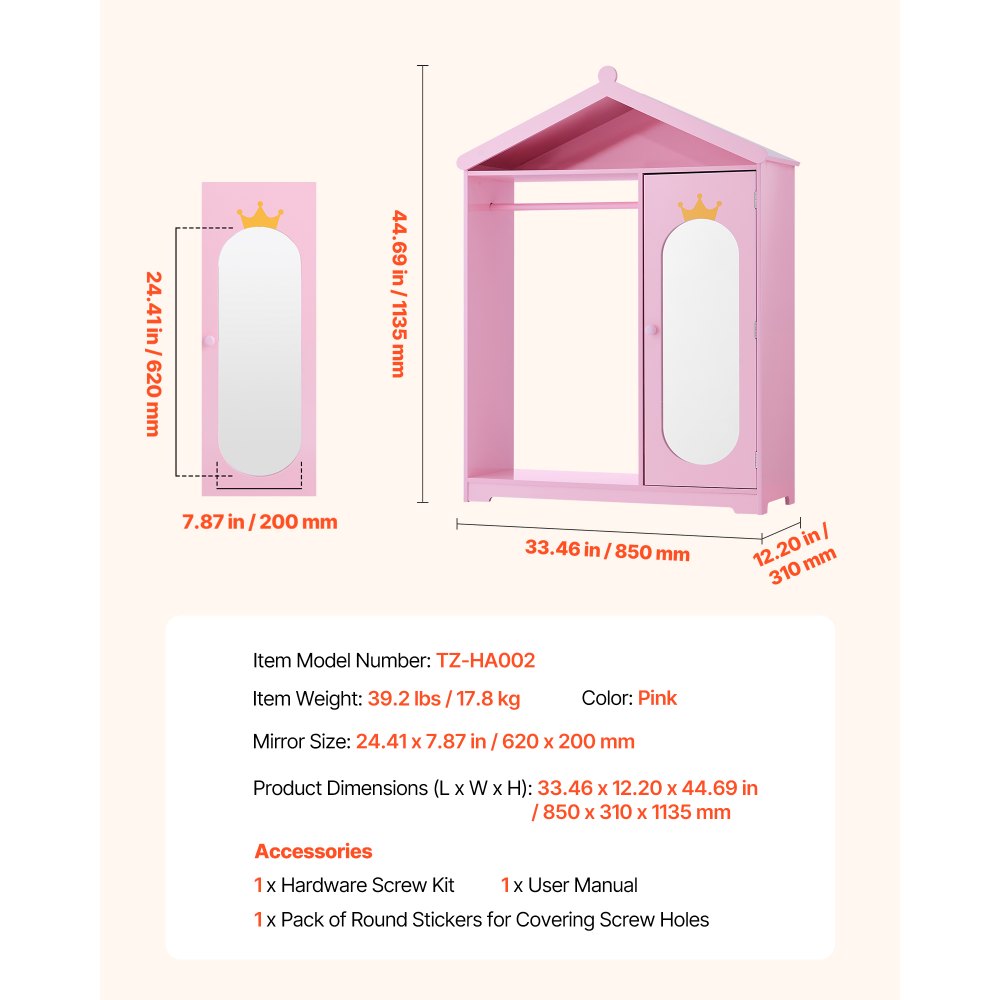 VEVOR Kinderkledingkast 85x31x113,5 cm, Kinderkledingkast met spiegel, kledingstang en planken, Kleedkamerkast van MDF met kastdeur voor meisjes, Kinderkledingkast voor verkleedkleding en poppenkamer, Roze